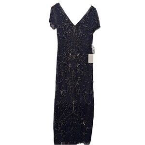 NWT Pisarro Nights Beaded Mesh Column Gown Size 2 Navy $268 New Glam Fancy‎